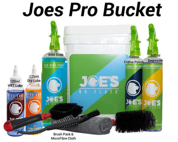 JOES NO-FLATS Pro Bike Bucket Cleaner Pack -- Bike Soap 1L + Degreaser 500ml + Frame & Tyre Shine 500ml - Lube DRY 125ml + Lube WET 125ml + Brush Kit